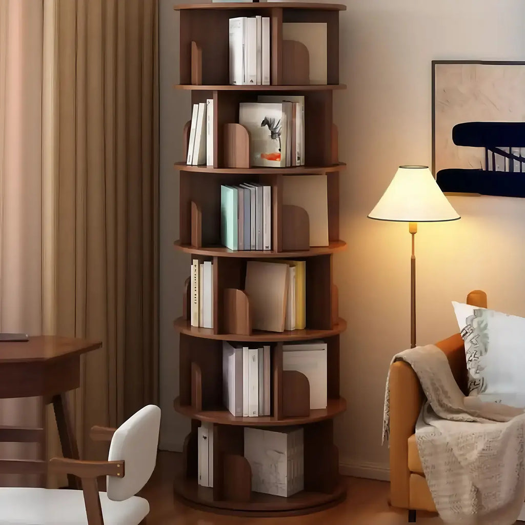 Libreria girevole cilindrica in legno marrone con schienale aperto