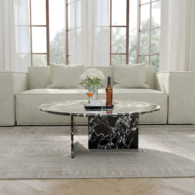 35.43Modern Round Coffee Table,Glossy Faux Marble Table top