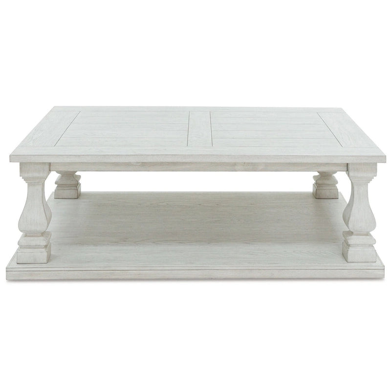 Tavolino da caffè Dyne, piano in legno, balaustri, 137 cm, legno bianco