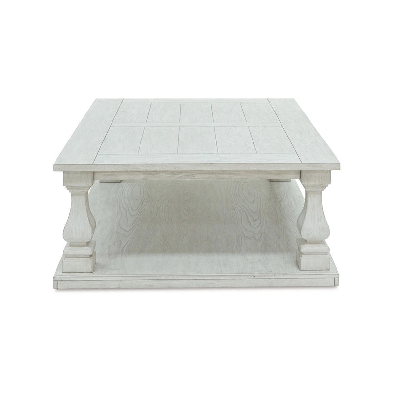 Tavolino da caffè Dyne, piano in legno, balaustri, 137 cm, legno bianco