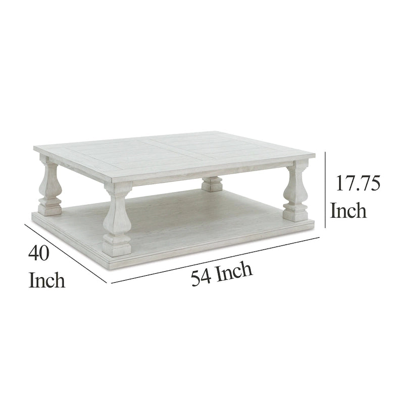 Tavolino da caffè Dyne, piano in legno, balaustri, 137 cm, legno bianco