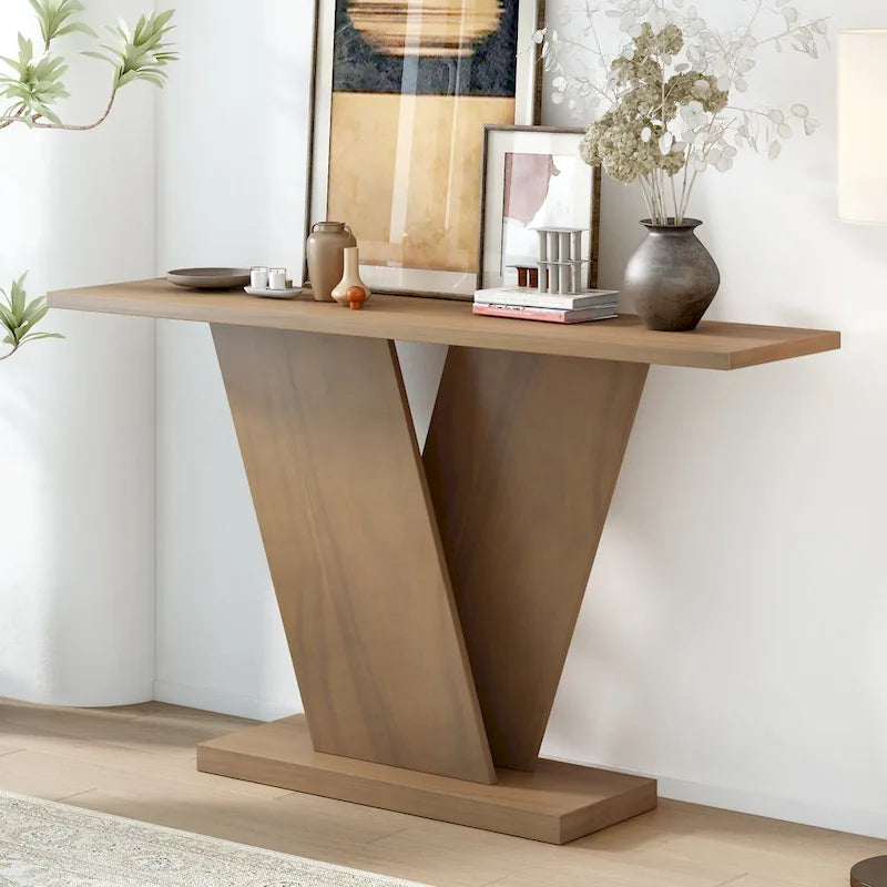 Christopher Knight Home - Tavolino Consolle Elegante Mirod con Impiallacciatura in Legno Naturale e Robusta Base a V