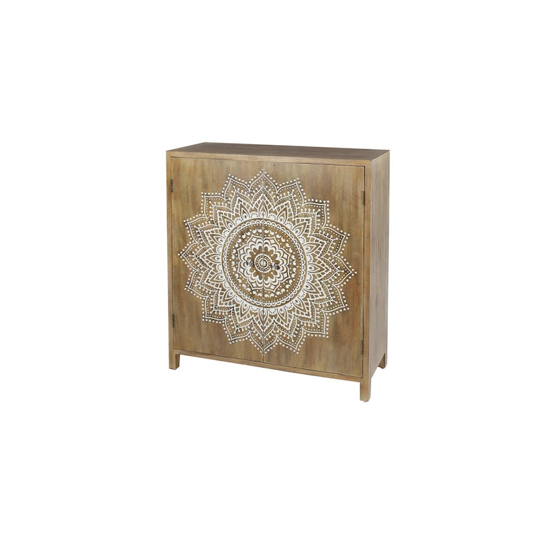 Mobiletto con 1 Ripiano e 2 Ante, Intagliato in Legno Floreale, per Camera - Marrone - Roche River Decor