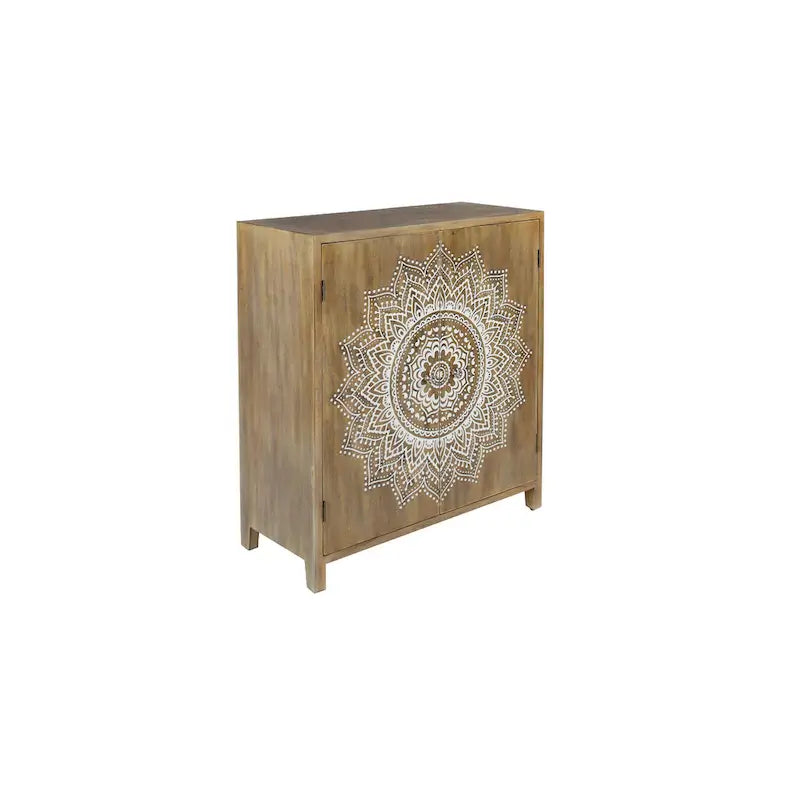 Mobiletto con 1 Ripiano e 2 Ante, Intagliato in Legno Floreale, per Camera - Marrone - Roche River Decor
