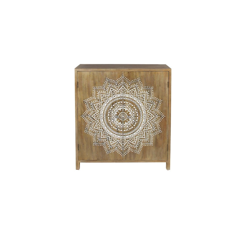 Mobiletto con 1 Ripiano e 2 Ante, Intagliato in Legno Floreale, per Camera - Marrone - Roche River Decor