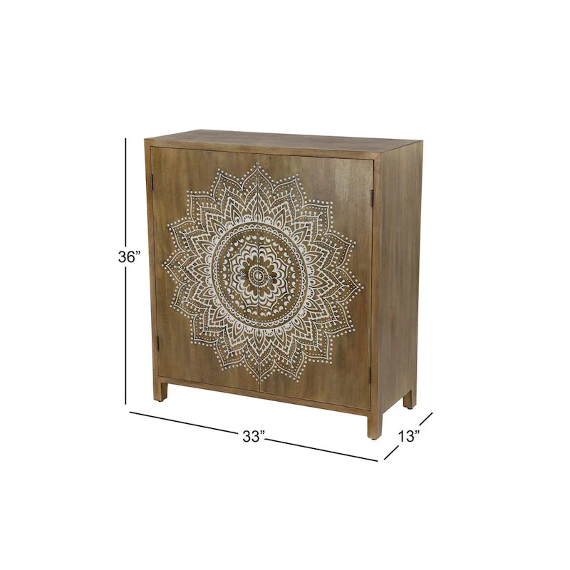 Mobiletto con 1 Ripiano e 2 Ante, Intagliato in Legno Floreale, per Camera - Marrone - Roche River Decor