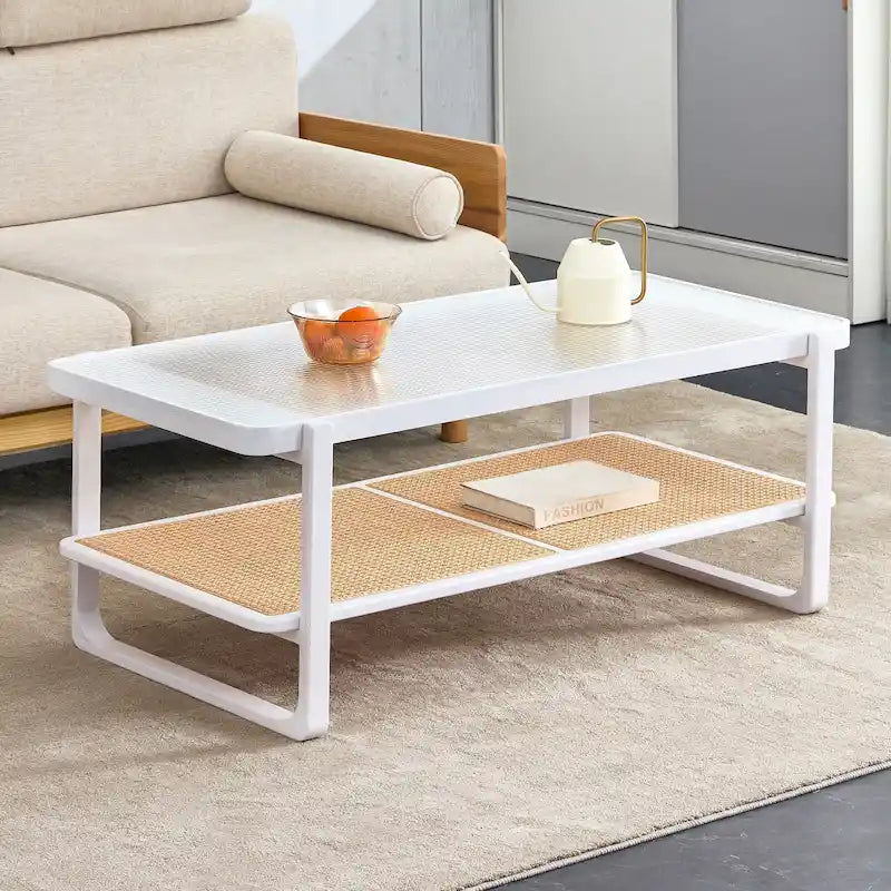 Tavolino da caffè bianco a doppio strato, tavolino laterale in vetro effetto rattan, tavolo rettangolare in legno massello per soggiorno