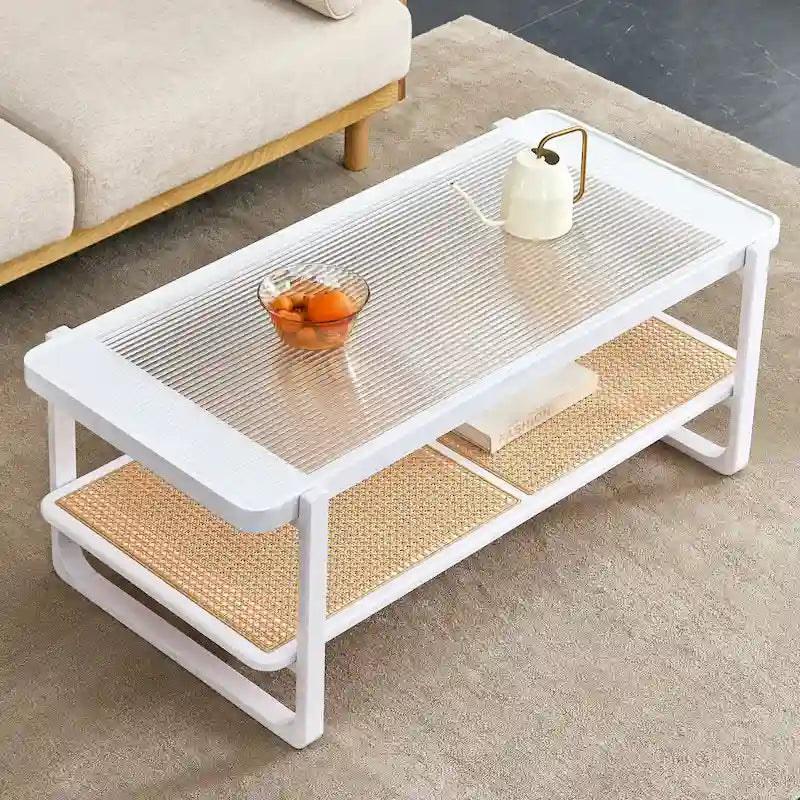 Tavolino da caffè bianco a doppio strato, tavolino laterale in vetro effetto rattan, tavolo rettangolare in legno massello per soggiorno