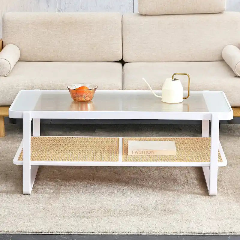 Tavolino da caffè bianco a doppio strato, tavolino laterale in vetro effetto rattan, tavolo rettangolare in legno massello per soggiorno