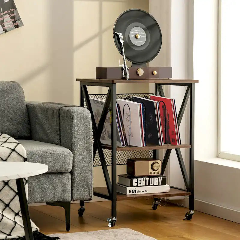 Costway Meuble de rangement pour disques vinyles, support pour platine vinyle roulant à 3 niveaux - Voir détails
