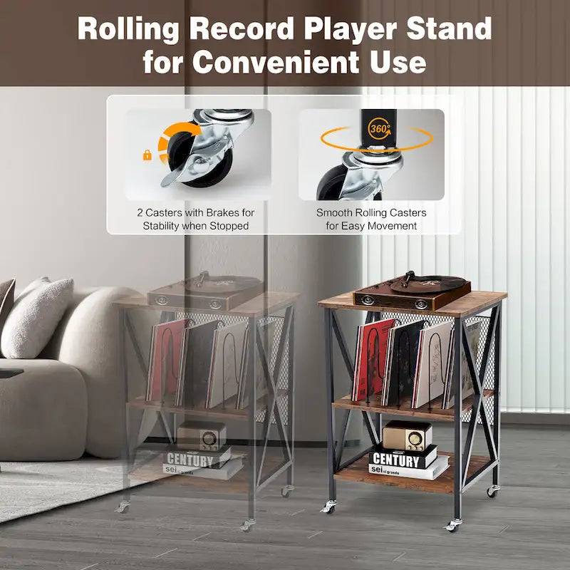 Costway Meuble de rangement pour disques vinyles, support pour platine vinyle roulant à 3 niveaux - Voir détails