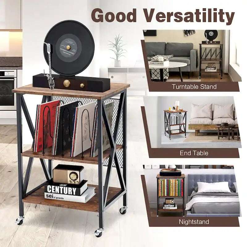 Costway Meuble de rangement pour disques vinyles, support pour platine vinyle roulant à 3 niveaux - Voir détails