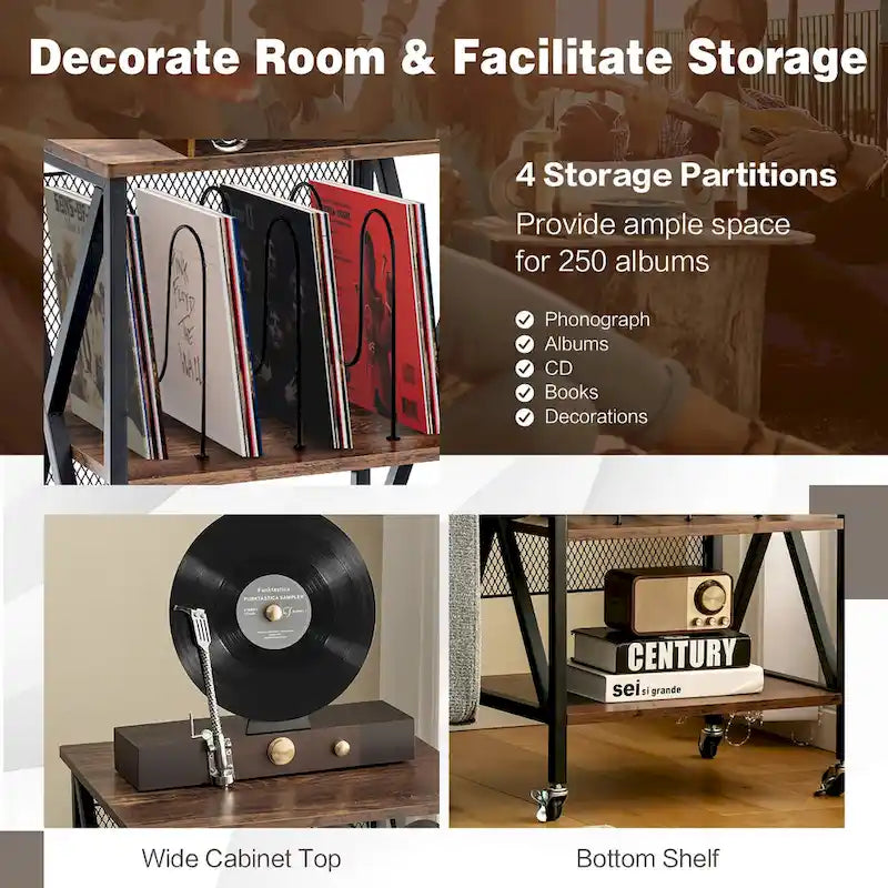 Costway Meuble de rangement pour disques vinyles, support pour platine vinyle roulant à 3 niveaux - Voir détails