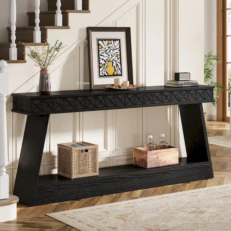 Tavolo da ingresso extra lungo da 70,87 pollici, consolle stretta a 2 livelli con contenitore - 70,87L x 11,81P x 31,5A