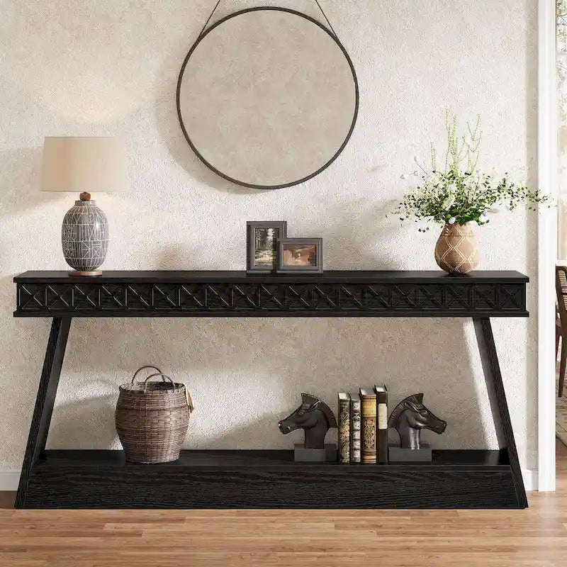 Tavolo da ingresso extra lungo da 70,87 pollici, consolle stretta a 2 livelli con contenitore - 70,87L x 11,81P x 31,5A