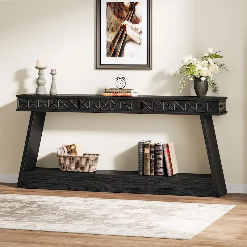 Tavolo da ingresso extra lungo da 70,87 pollici, consolle stretta a 2 livelli con contenitore - 70,87L x 11,81P x 31,5A