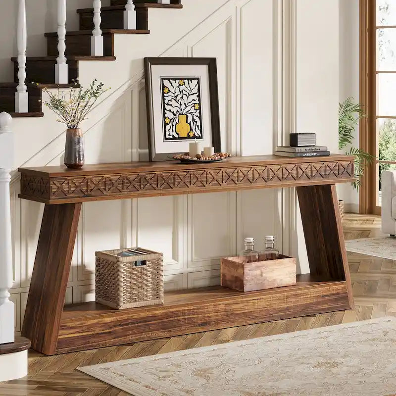 Tavolo da ingresso extra lungo da 70,87 pollici, consolle stretta a 2 livelli con contenitore - 70,87L x 11,81P x 31,5A