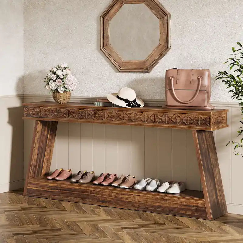 Tavolo da ingresso extra lungo da 70,87 pollici, consolle stretta a 2 livelli con contenitore - 70,87L x 11,81P x 31,5A