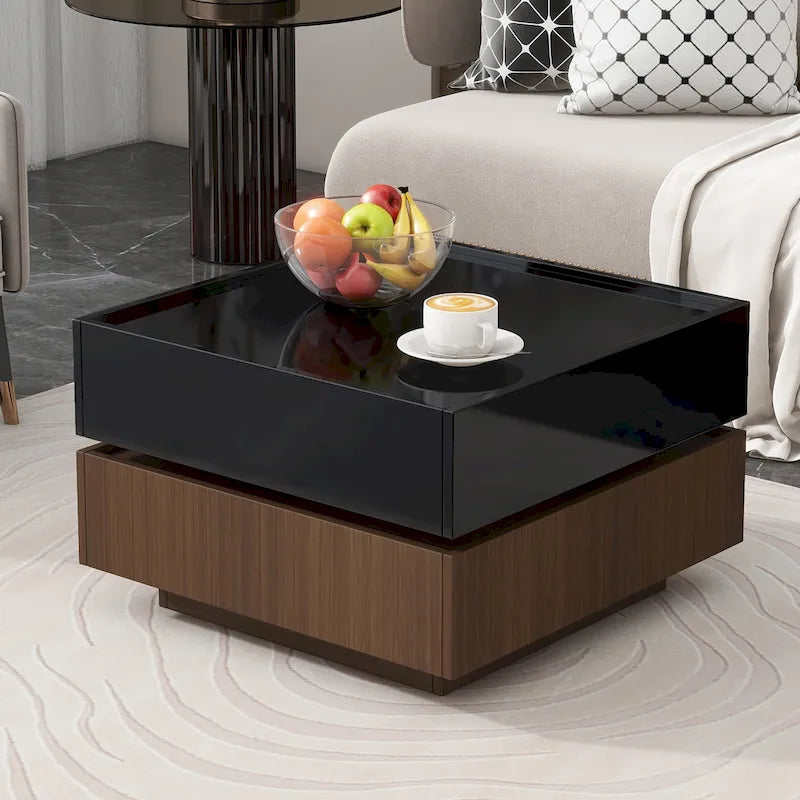 Tavolino da caffè multifunzionale quadrato girevole a 360°, tavolo centrale a 2 livelli con 2 cassetti e piano girevole, per soggiorno