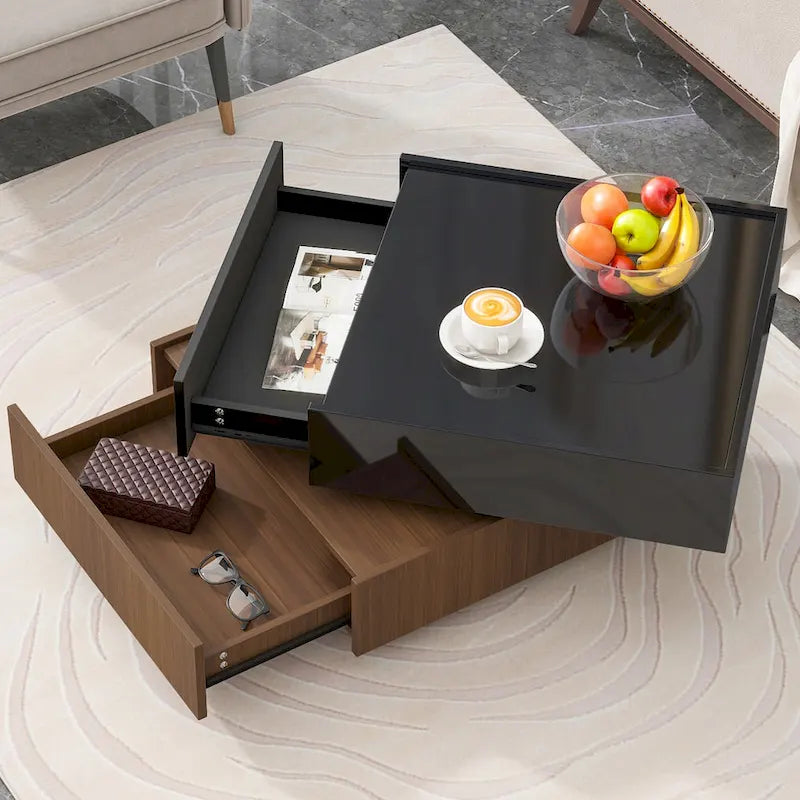 Tavolino da caffè multifunzionale quadrato girevole a 360°, tavolo centrale a 2 livelli con 2 cassetti e piano girevole, per soggiorno