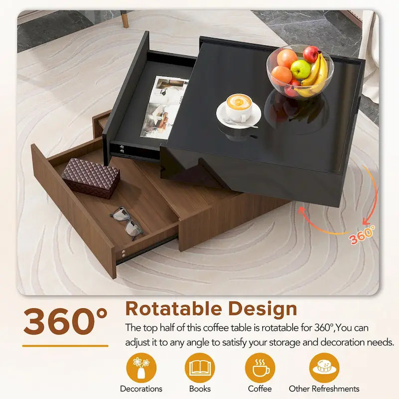 Tavolino da caffè multifunzionale quadrato girevole a 360°, tavolo centrale a 2 livelli con 2 cassetti e piano girevole, per soggiorno