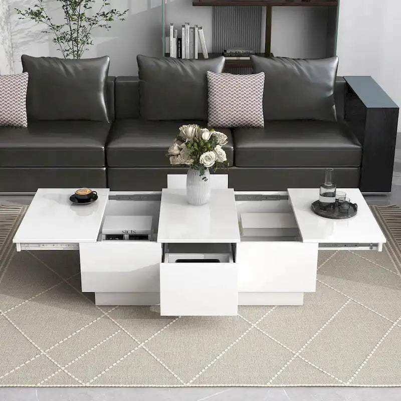 Tavolino Moderno Elegante Allungabile con 2 Grandi Vani Portaoggetti e 2 Cassetti, per Salotto