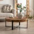 Tavolino da Caffè Rotondo Moderno Retro con Cuciture, Piano in Legno di Abete e Base a Croce Nera, per Soggiorno