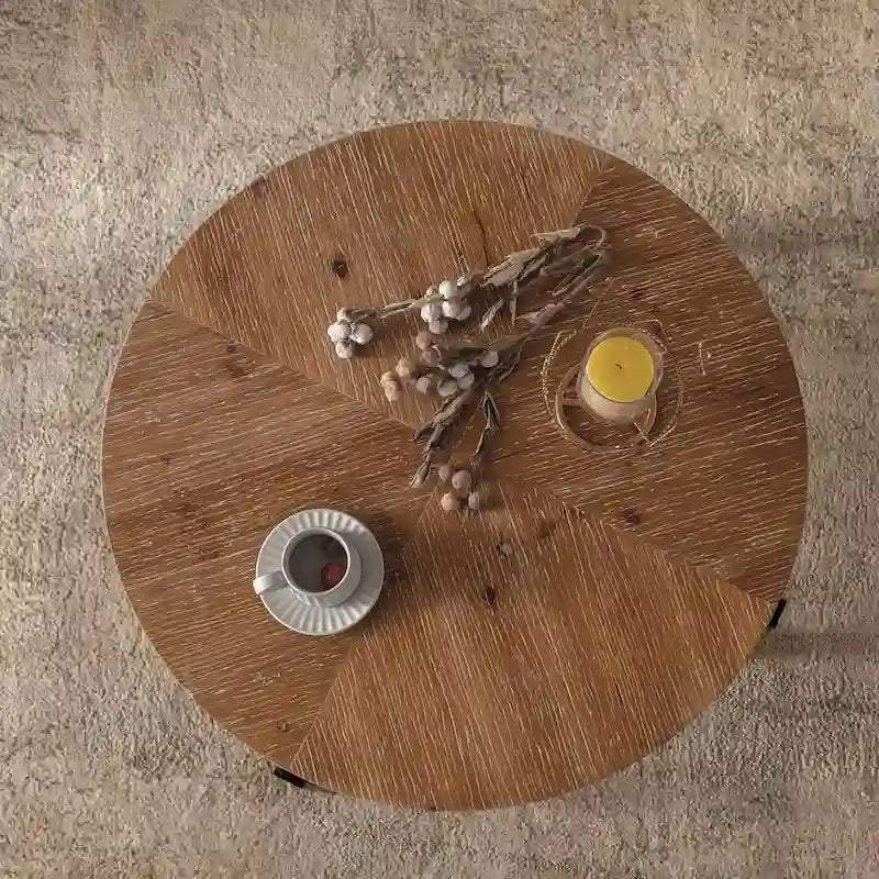 Tavolino da Caffè Rotondo Moderno Retro con Cuciture, Piano in Legno di Abete e Base a Croce Nera, per Soggiorno
