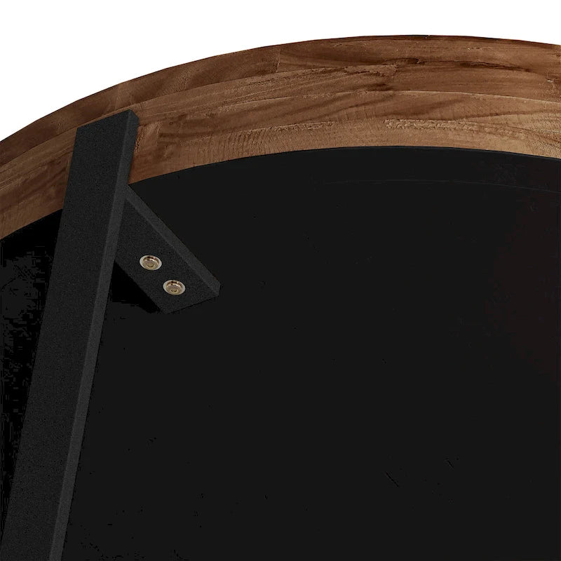 Tavolino da Caffè Rotondo Moderno Retro con Cuciture, Piano in Legno di Abete e Base a Croce Nera, per Soggiorno