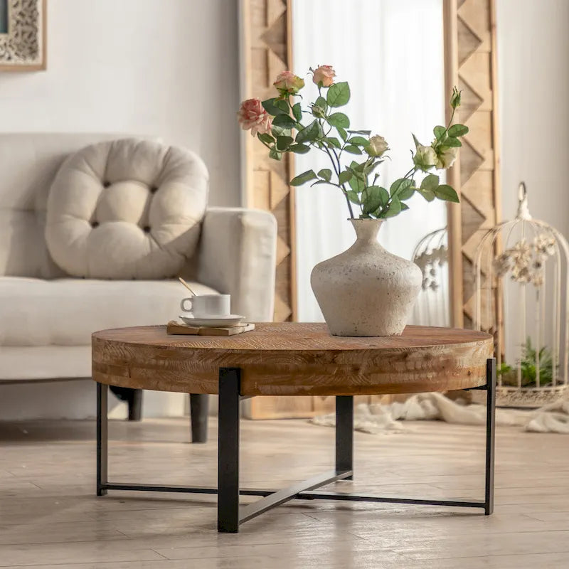 Tavolino da Caffè Rotondo Moderno Retro con Cuciture, Piano in Legno di Abete e Base a Croce Nera, per Soggiorno
