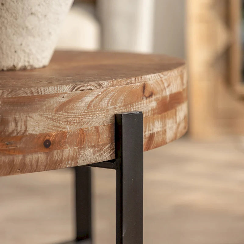 Tavolino da Caffè Rotondo Moderno Retro con Cuciture, Piano in Legno di Abete e Base a Croce Nera, per Soggiorno