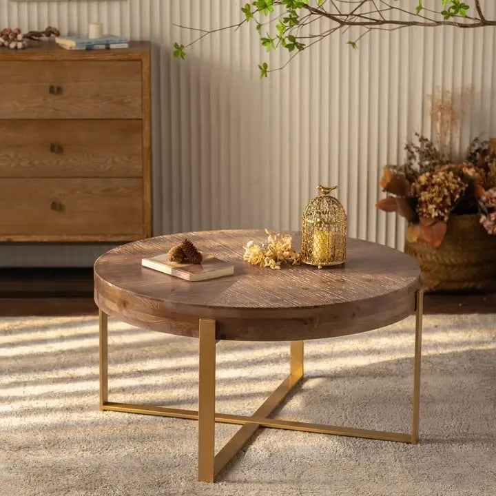Tavolino da Caffè Rotondo Moderno Retro con Cuciture, Piano in Legno di Abete e Base a Croce Nera, per Soggiorno