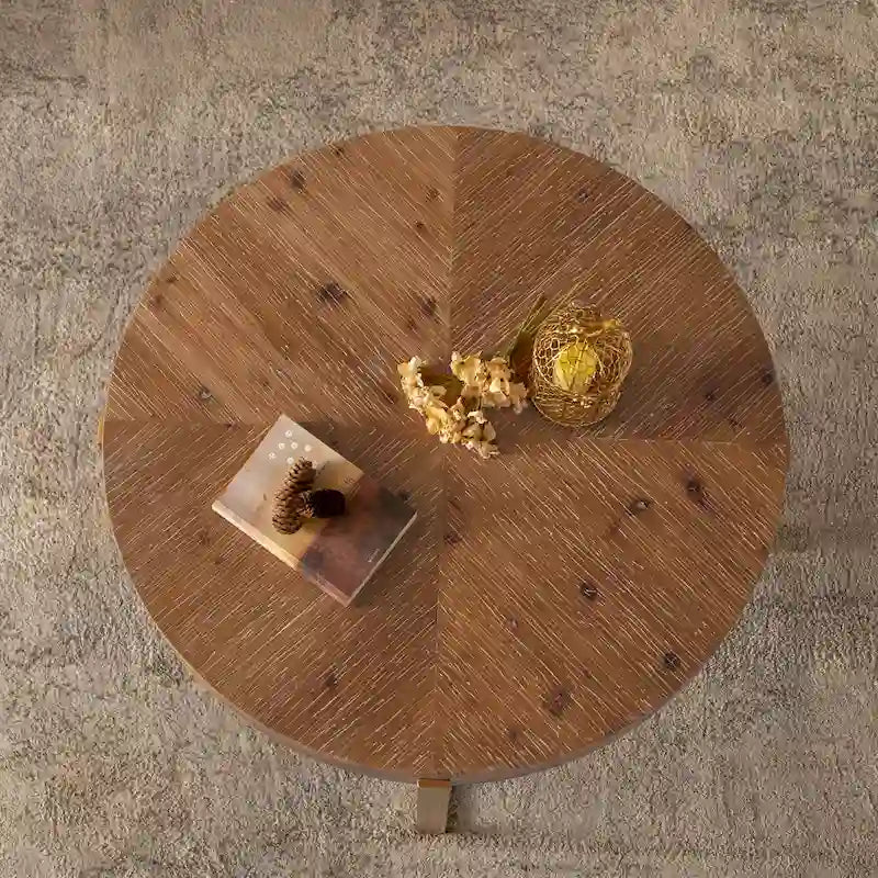 Tavolino da Caffè Rotondo Moderno Retro con Cuciture, Piano in Legno di Abete e Base a Croce Nera, per Soggiorno