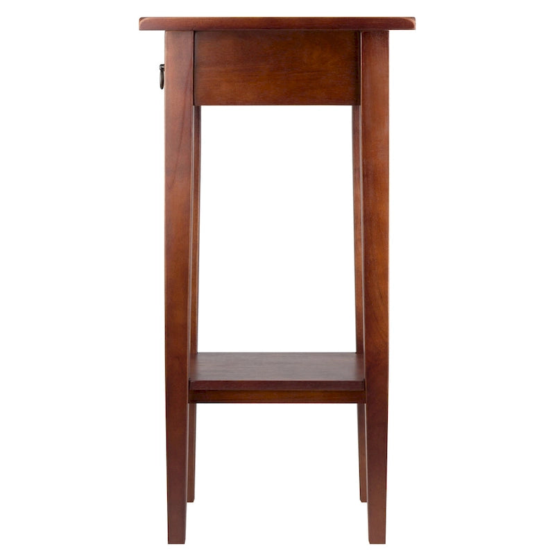 Table d'appoint en noyer ancien chaud de 29,5 po avec tiroir et étagère