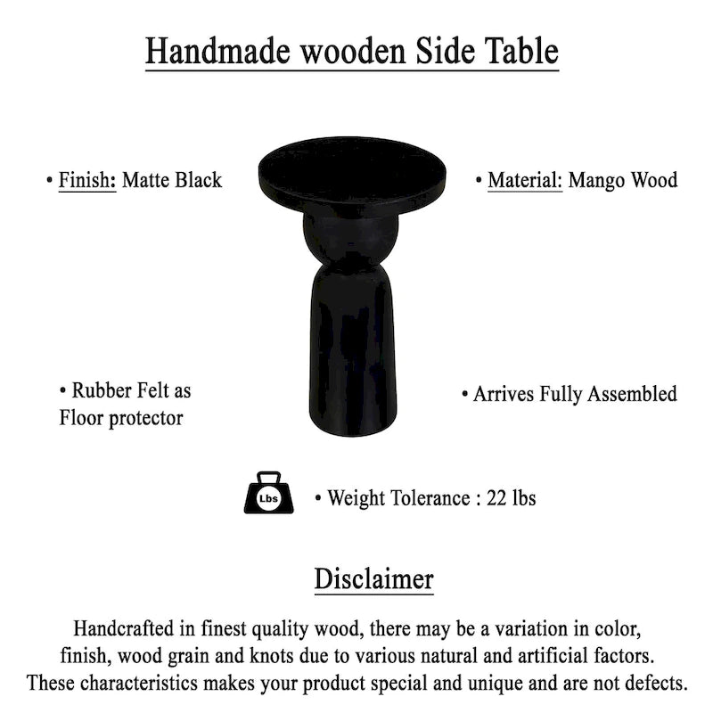 Tavolino rotondo Tia da 30 cm con base a piedistallo tornito, in legno di mango con finitura nero opaco