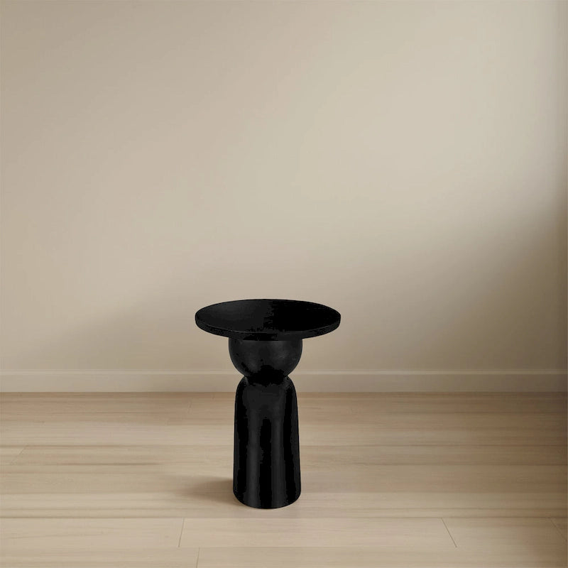 Tavolino rotondo Tia da 30 cm con base a piedistallo tornito, in legno di mango con finitura nero opaco