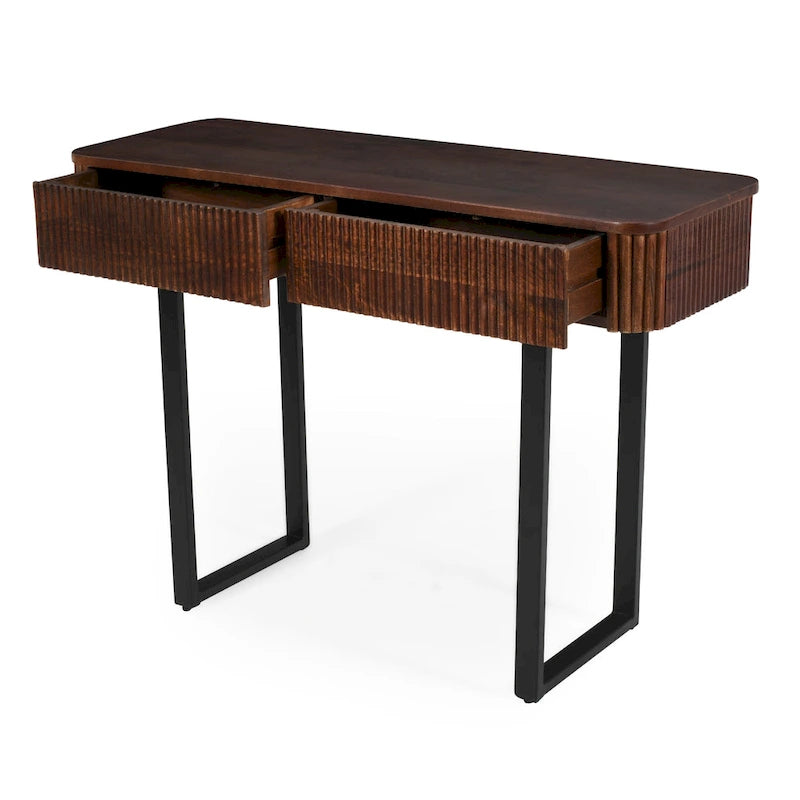 Consolle da ingresso moderna in legno massello con design a coste e contenitore