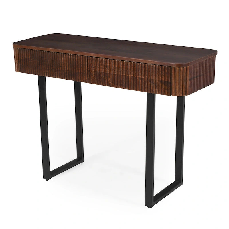 Consolle da ingresso moderna in legno massello con design a coste e contenitore