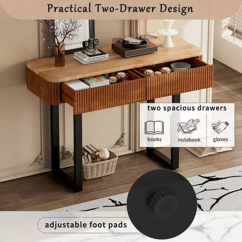 Consolle da ingresso moderna in legno massello con design a coste e contenitore