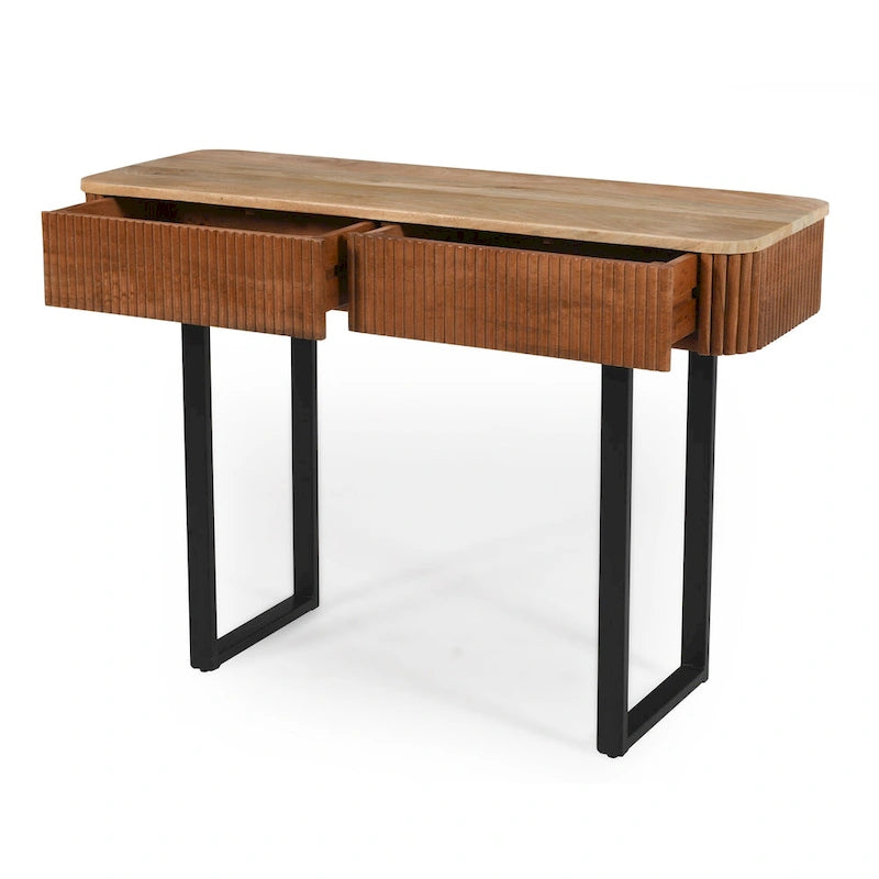 Consolle da ingresso moderna in legno massello con design a coste e contenitore