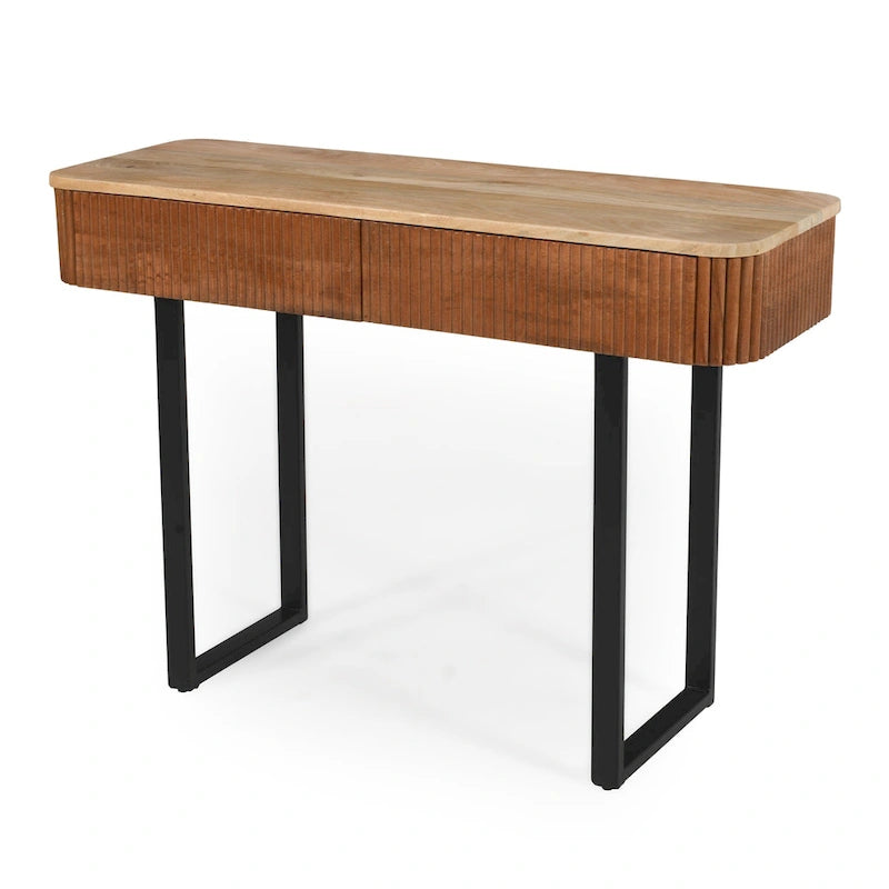 Consolle da ingresso moderna in legno massello con design a coste e contenitore