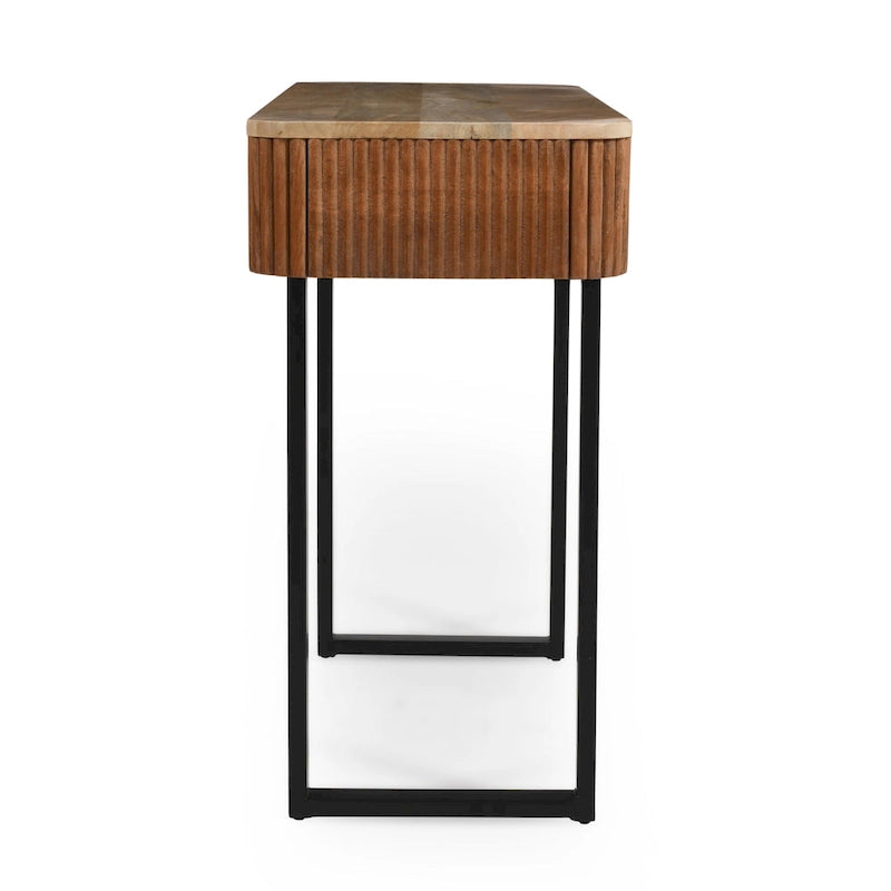 Consolle da ingresso moderna in legno massello con design a coste e contenitore