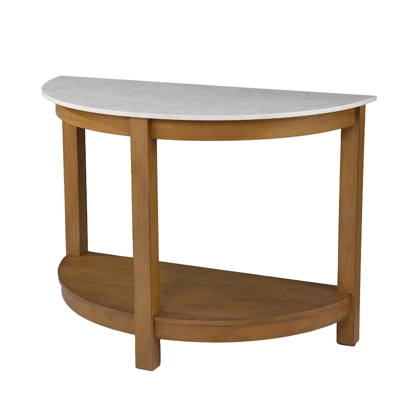 Consolle a semicerchio in finto marmo bianco con ripiano e base in legno - 41.75 L x 20 P x 30.25 H