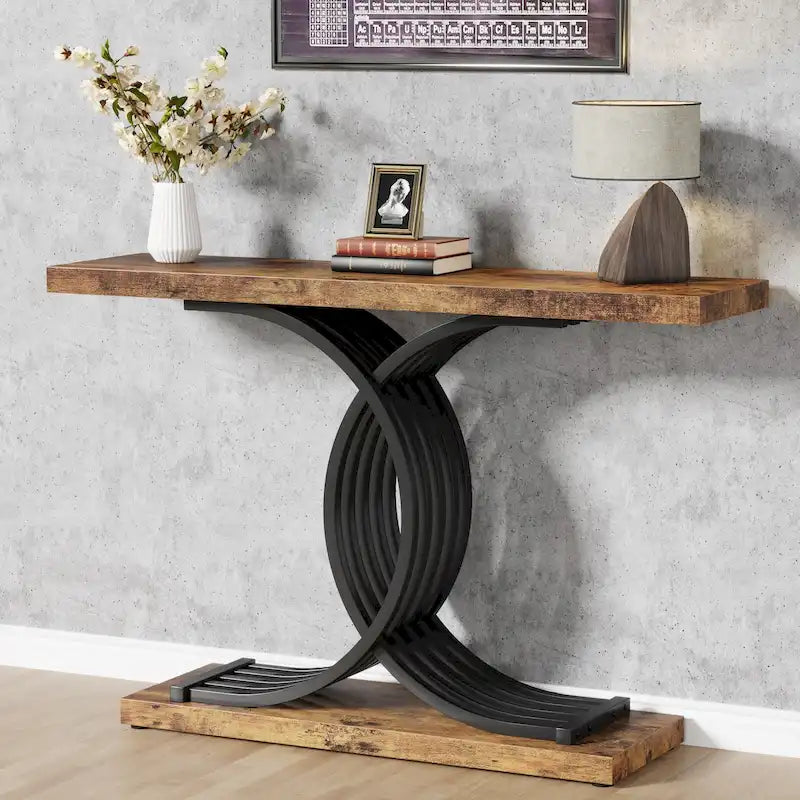Tavolo da divano moderno nero/oro con ripiano in finto marmo, tavolo da ingresso in legno da 99 cm con gambe geometriche in metallo per l'ingresso