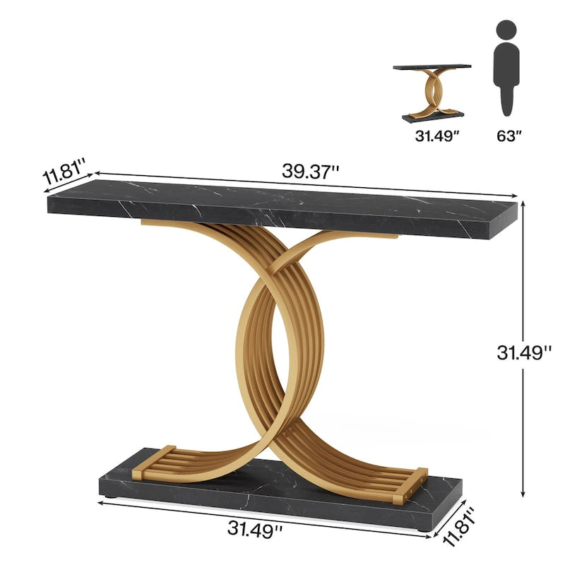 Tavolo da divano moderno nero/oro con ripiano in finto marmo, tavolo da ingresso in legno da 99 cm con gambe geometriche in metallo per l'ingresso