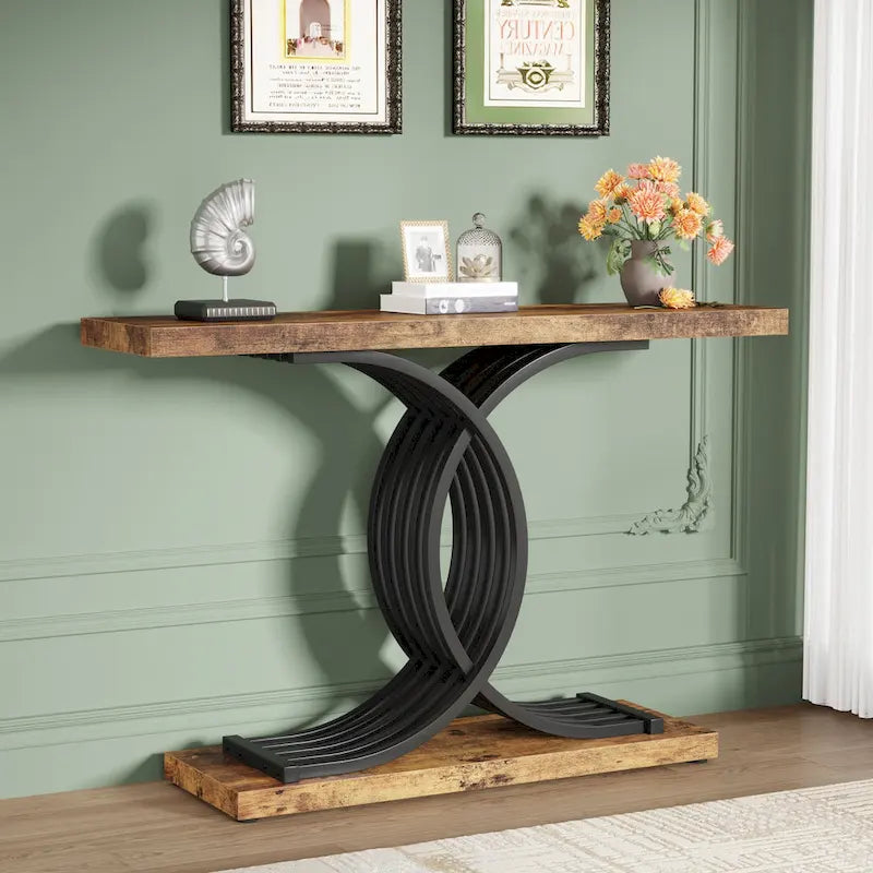 Tavolo da divano moderno nero/oro con ripiano in finto marmo, tavolo da ingresso in legno da 99 cm con gambe geometriche in metallo per l'ingresso