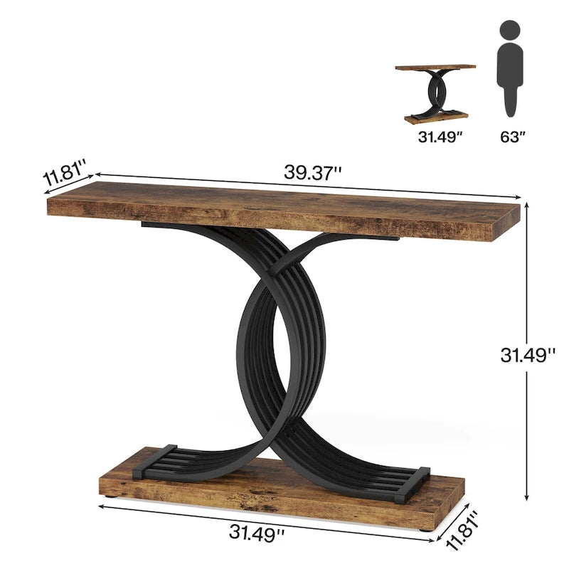 Tavolo da divano moderno nero/oro con ripiano in finto marmo, tavolo da ingresso in legno da 99 cm con gambe geometriche in metallo per l'ingresso