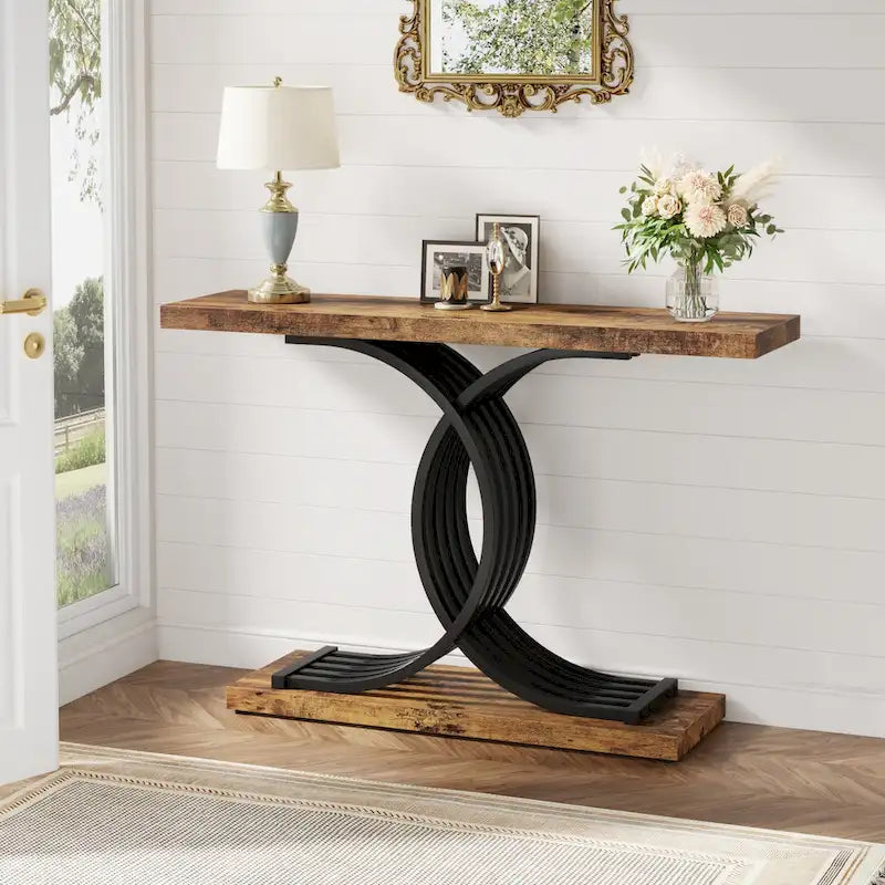 Tavolo da divano moderno nero/oro con ripiano in finto marmo, tavolo da ingresso in legno da 99 cm con gambe geometriche in metallo per l'ingresso
