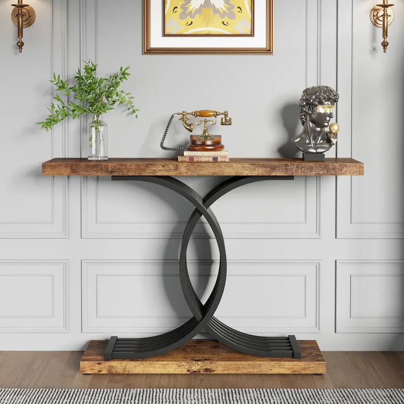Tavolo da divano moderno nero/oro con ripiano in finto marmo, tavolo da ingresso in legno da 99 cm con gambe geometriche in metallo per l'ingresso