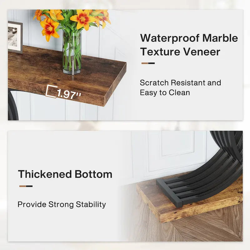 Tavolo da divano moderno nero/oro con ripiano in finto marmo, tavolo da ingresso in legno da 99 cm con gambe geometriche in metallo per l'ingresso